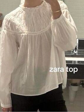 Zara White Smocked Yoke Blouse with Balloon Sleeves